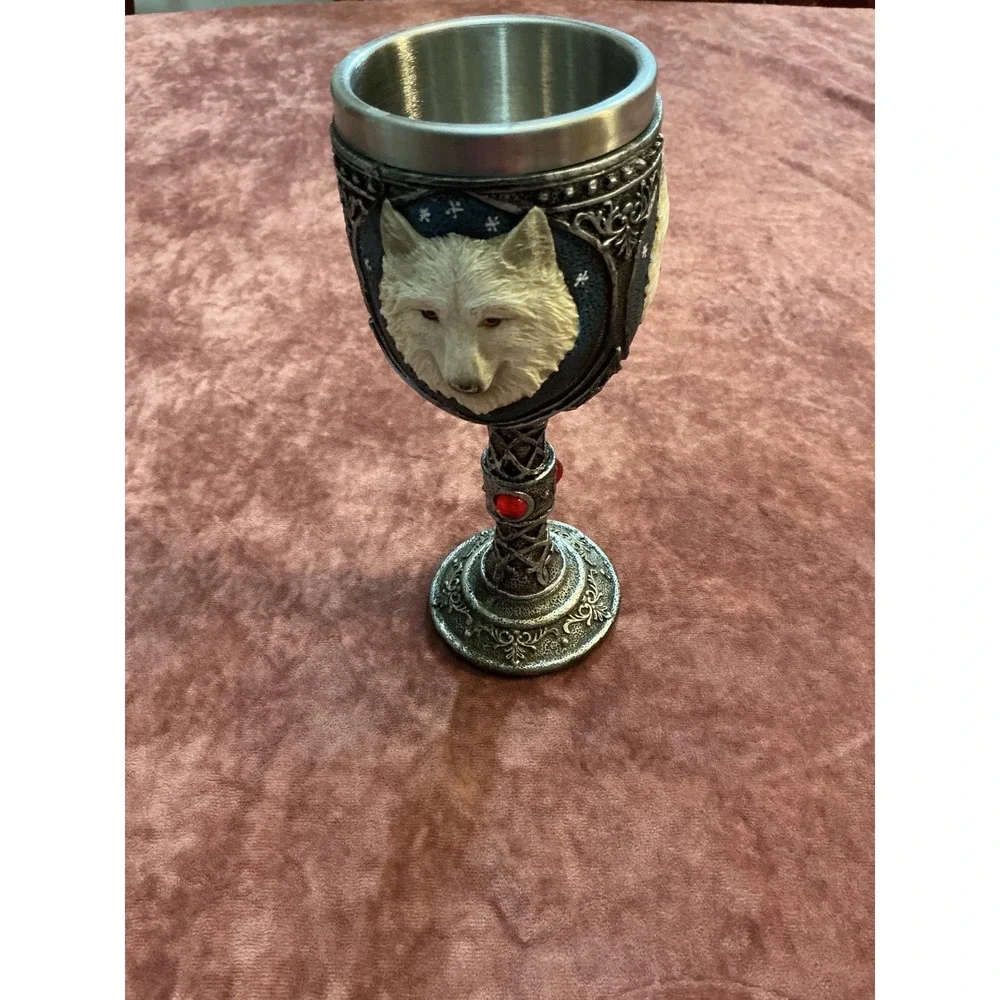 White Wolf Head Celtic Knot Chalice Stainless Steel Liner Fantasy Gothic Decor